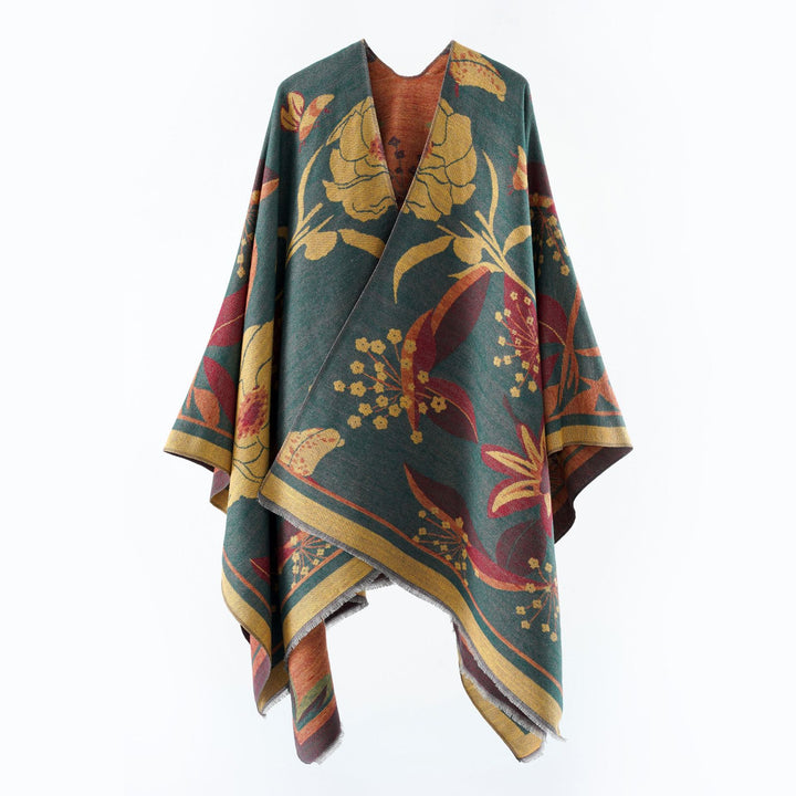 Damen Floraler Jacquard-Überwurf im kastigen Kimono-Fall mit feiner Fransenkante Drune