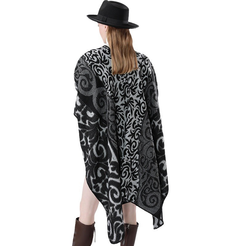 Damen Oversize-Kimono-Poncho im Jacquardstrick mit ornamentalem Muster und V-Ausschnitt Drune
