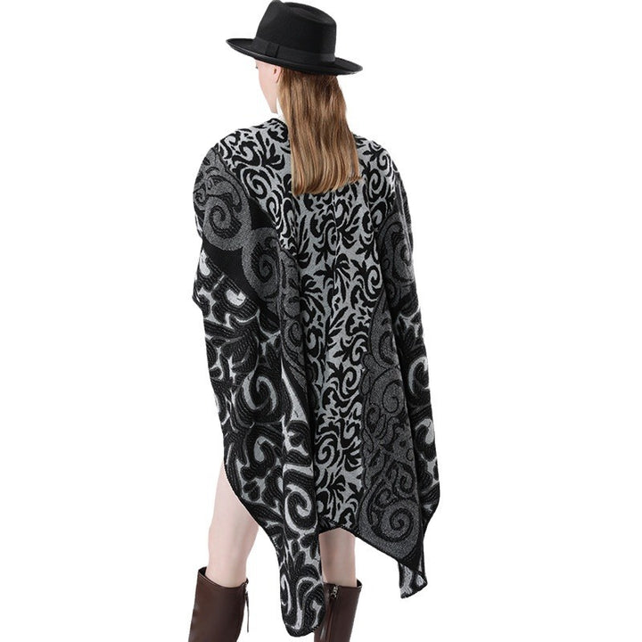 Damen Oversize-Kimono-Poncho im Jacquardstrick mit ornamentalem Muster und V-Ausschnitt Drune