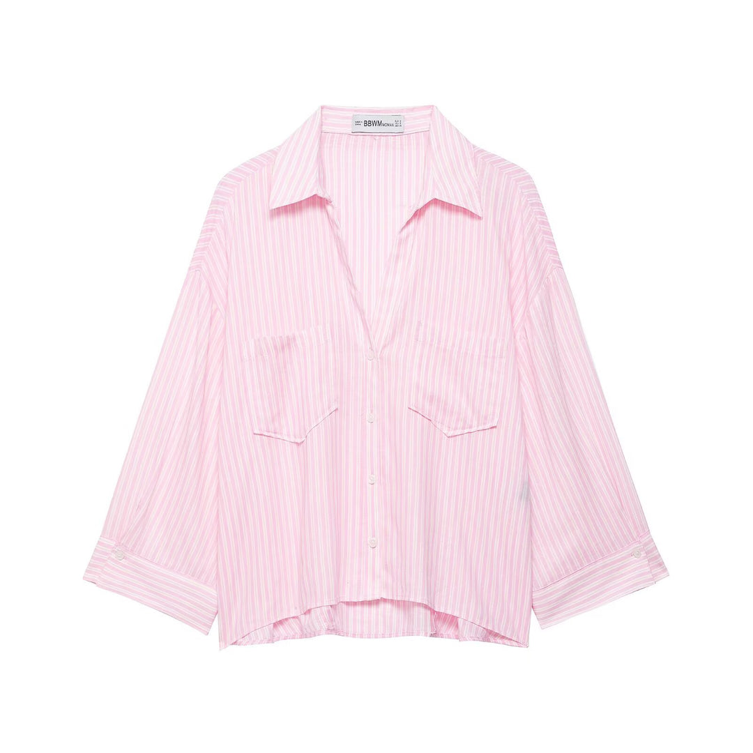 Damen Oversize-Hemdbluse mit feinem Streifenmuster, Brusttaschen und High-Low-Saum Drune