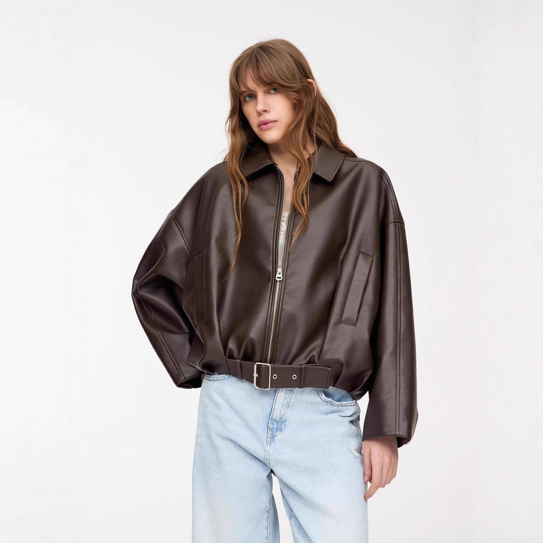 Damen lässige Kunstlederjacke mit breitem Kragen und Gürtel Drune