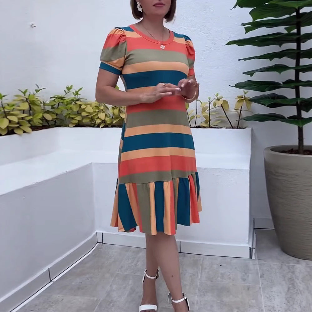 Damen nan gestreiftes Jerseykleid A-Linienschnitt mit kurzem Puffärmel und Volantstufe Drune