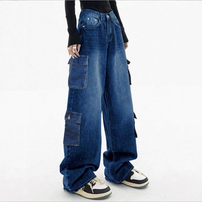 Damen Weite High-Waist Cargo-Jeans im Baggy-Schnitt mit Mehrfach-Taschen Drune