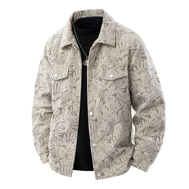 Herren Cord-Truckerjacke mit Jacquard-Blattmuster und Druckknopfleiste Drune