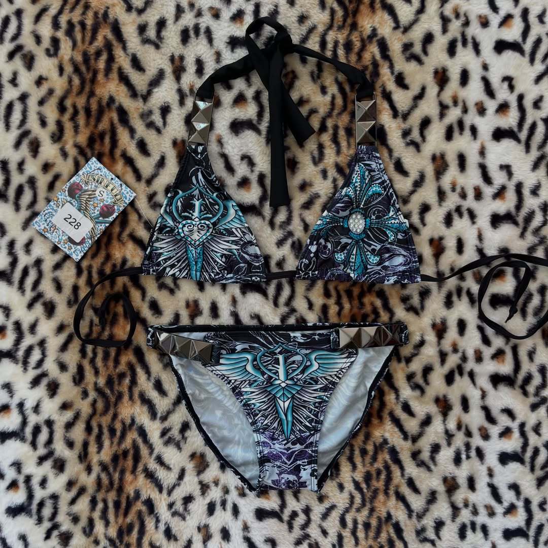 Damen Triangel-Bikini mit floralem Muster und Strass-Applikationen Drune