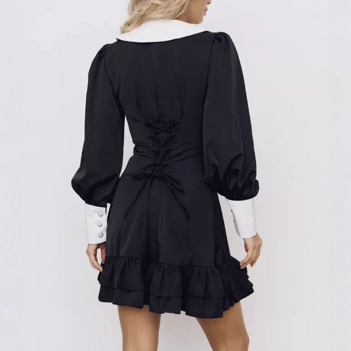 Damen Kleid mit Kontrastkragen und Rüschendetails Drune