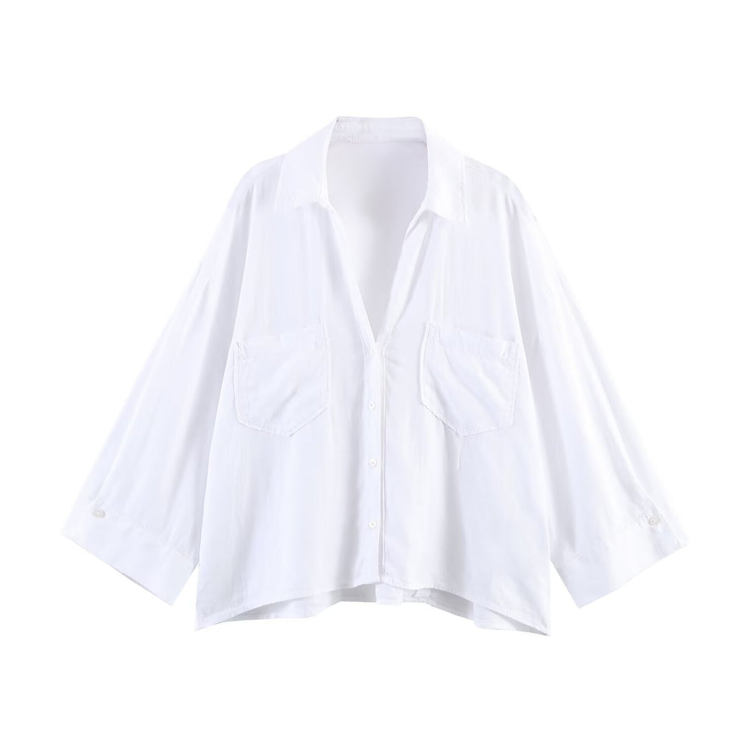 Damen Oversize-Hemdbluse mit großen Brusttaschen, überschnittener Schulter und High‑Low‑Saum Drune
