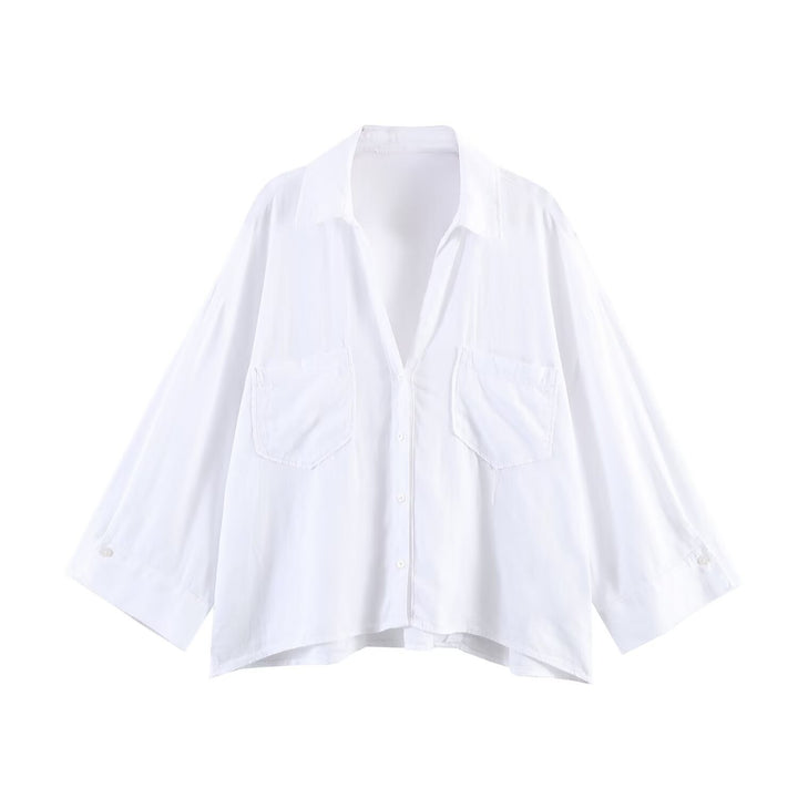 Damen Oversize-Hemdbluse mit großen Brusttaschen, überschnittener Schulter und High‑Low‑Saum Drune