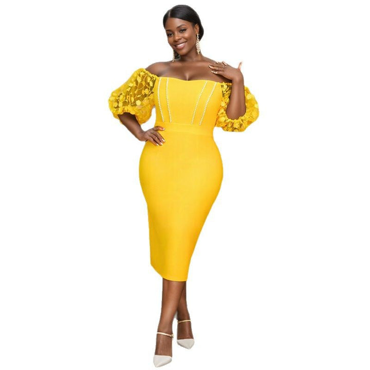 Damen figurbetontes Kleid mit verzierten Puffärmeln und Perlenakzenten Drune