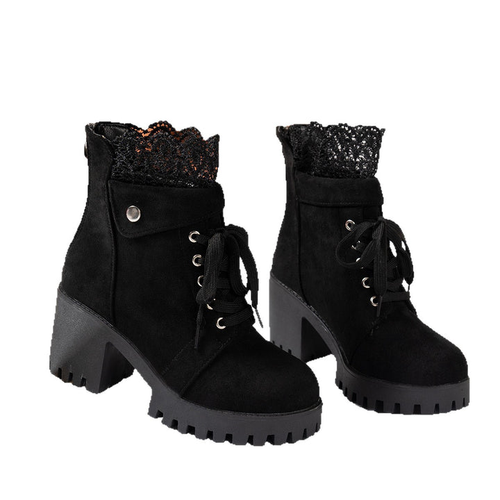Damen nan Schnürstiefelette mit grober Profilsohle, mittelhohem Blockabsatz und Spitzenkragen Drune
