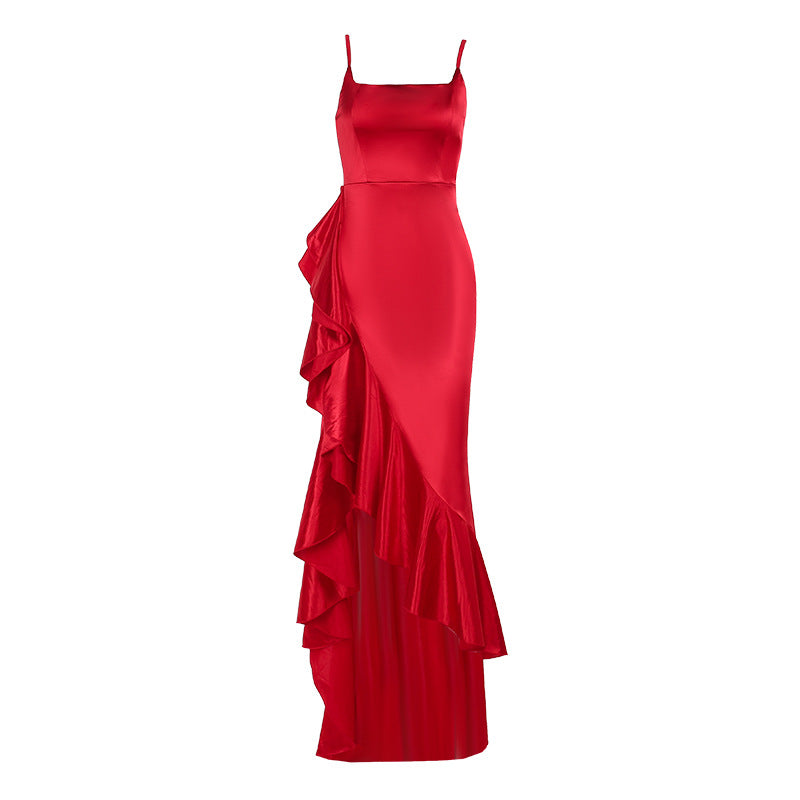 Damen elegantes Maxikleid mit asymmetrischem Rüschensaum und taillierter Silhouette Drune