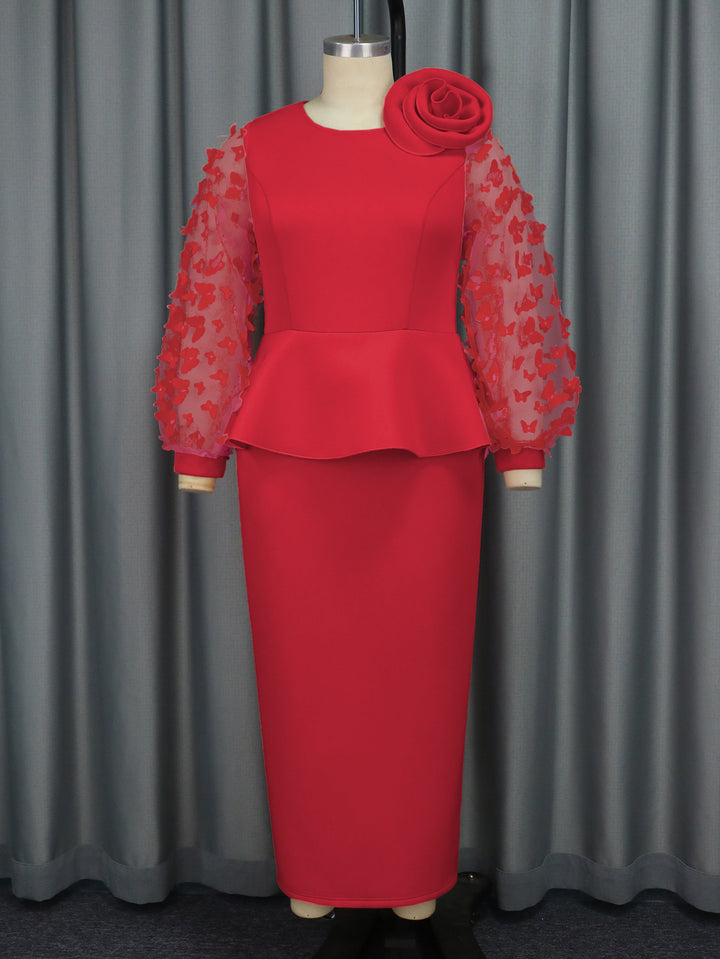 Damen Elegantes Kleid mit extravaganten Puffärmeln und floralem Detail Drune