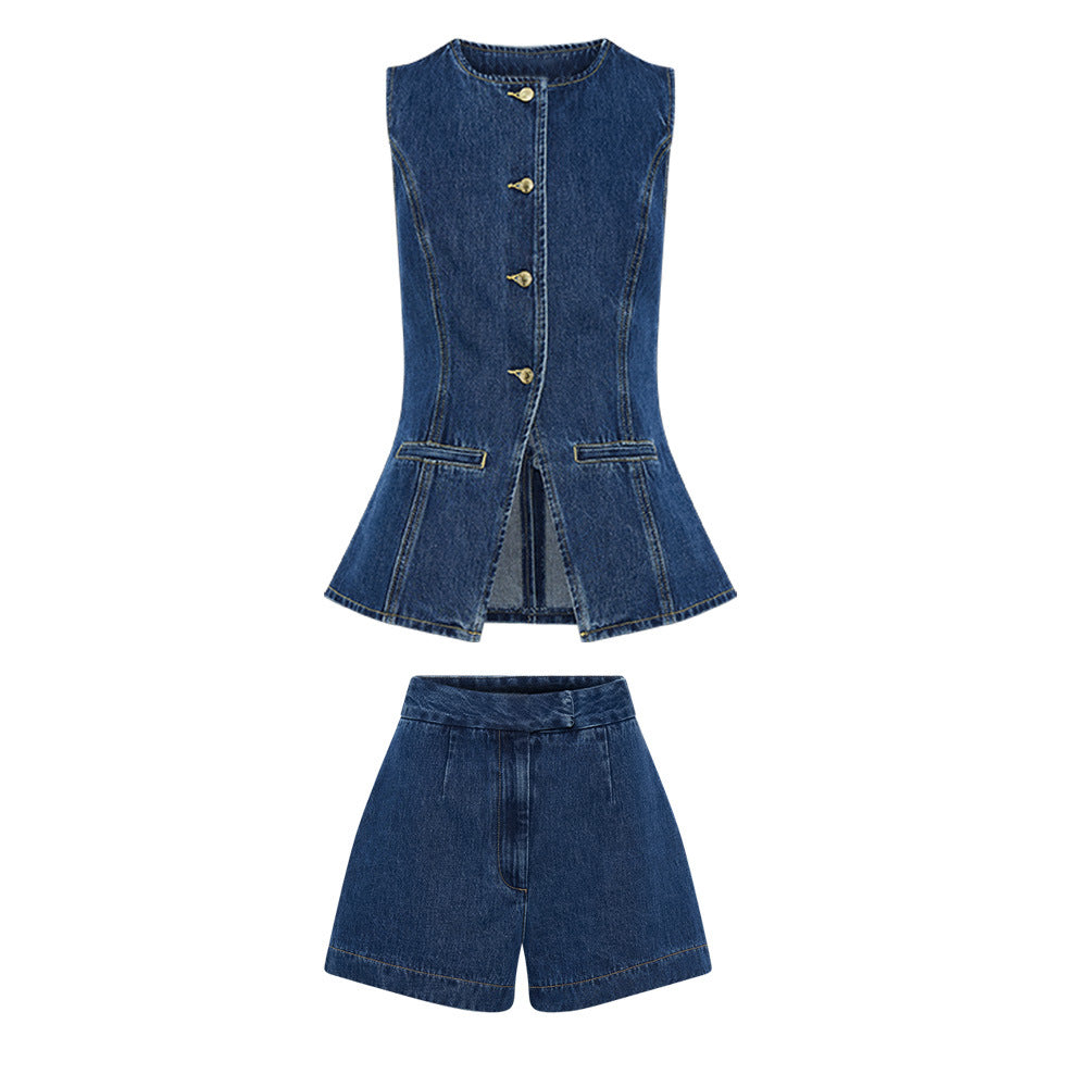 Drune | Denim Slim Fit Weste Shorts Zweiteiliges Set
