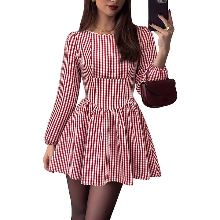 Damen V-Ausschnitt Mini Kleid mit Puffärmeln Drune