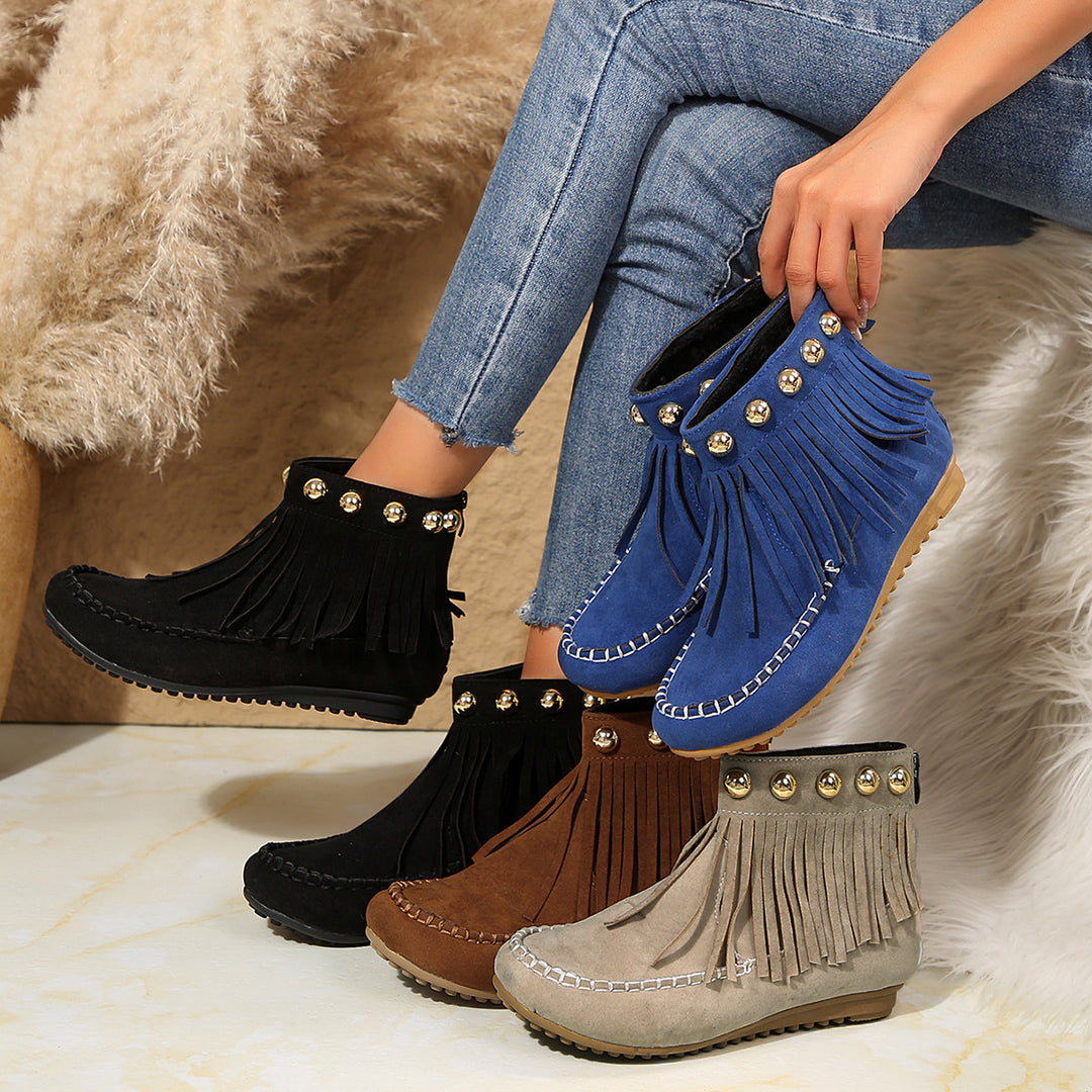 Damen Fransen-Mokassin-Stiefelette mit Ziernieten und Rückenreißverschluss Drune