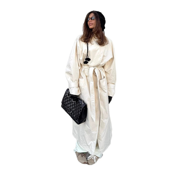 Damen Maxilanger taillierter Trenchcoat aus leichter Baumwollmischung mit Bindegürtel Drune
