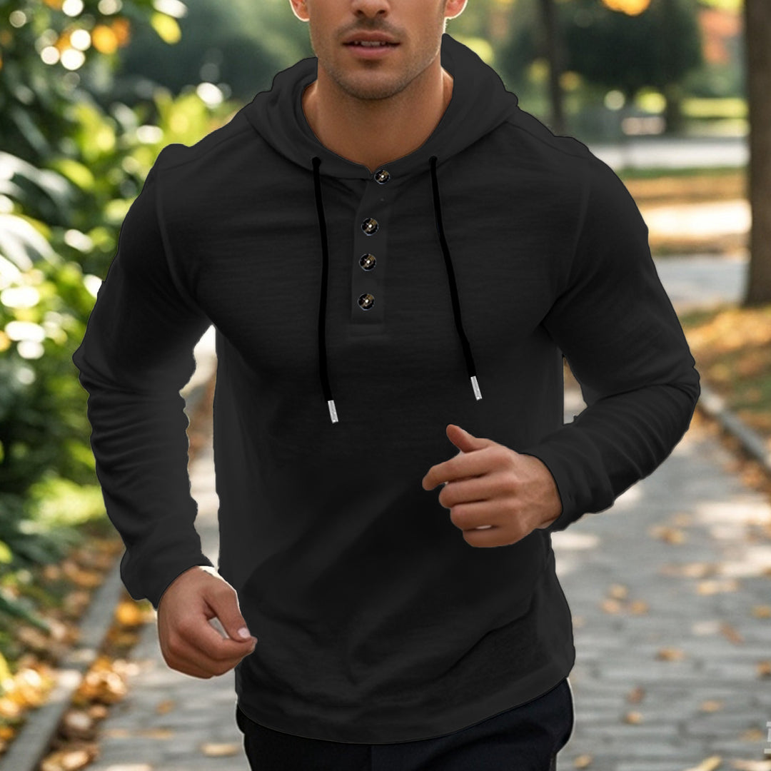 Herren nan lässiger Kapuzenpullover im Henley‑Stil mit Knopfleiste und verstellbarem Kordelzug Drune