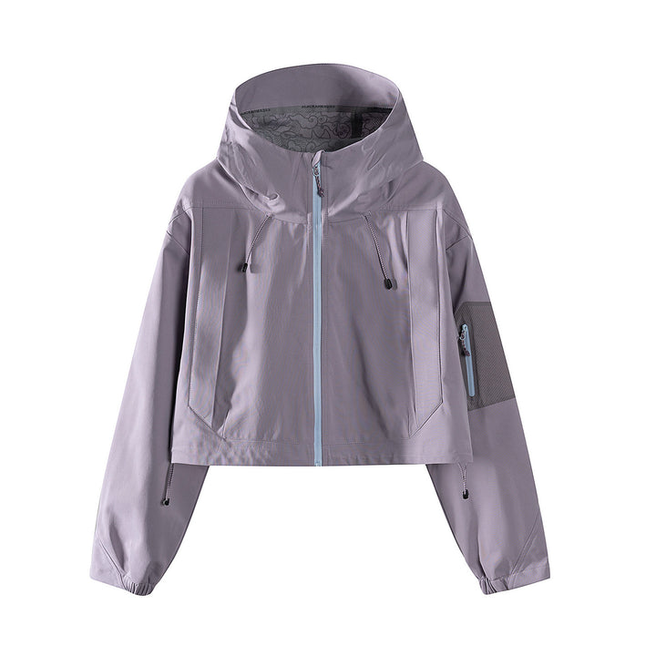 Damen Kurze wasserdichte Kapuzenjacke mit verstellbarem Saum und Ärmeltasche Drune
