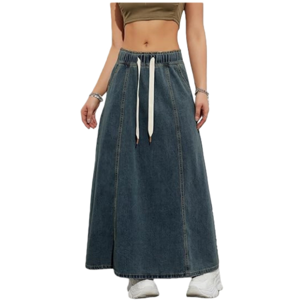 Damen Jeans-Midirock mit elastischem Tunnelzug Drune