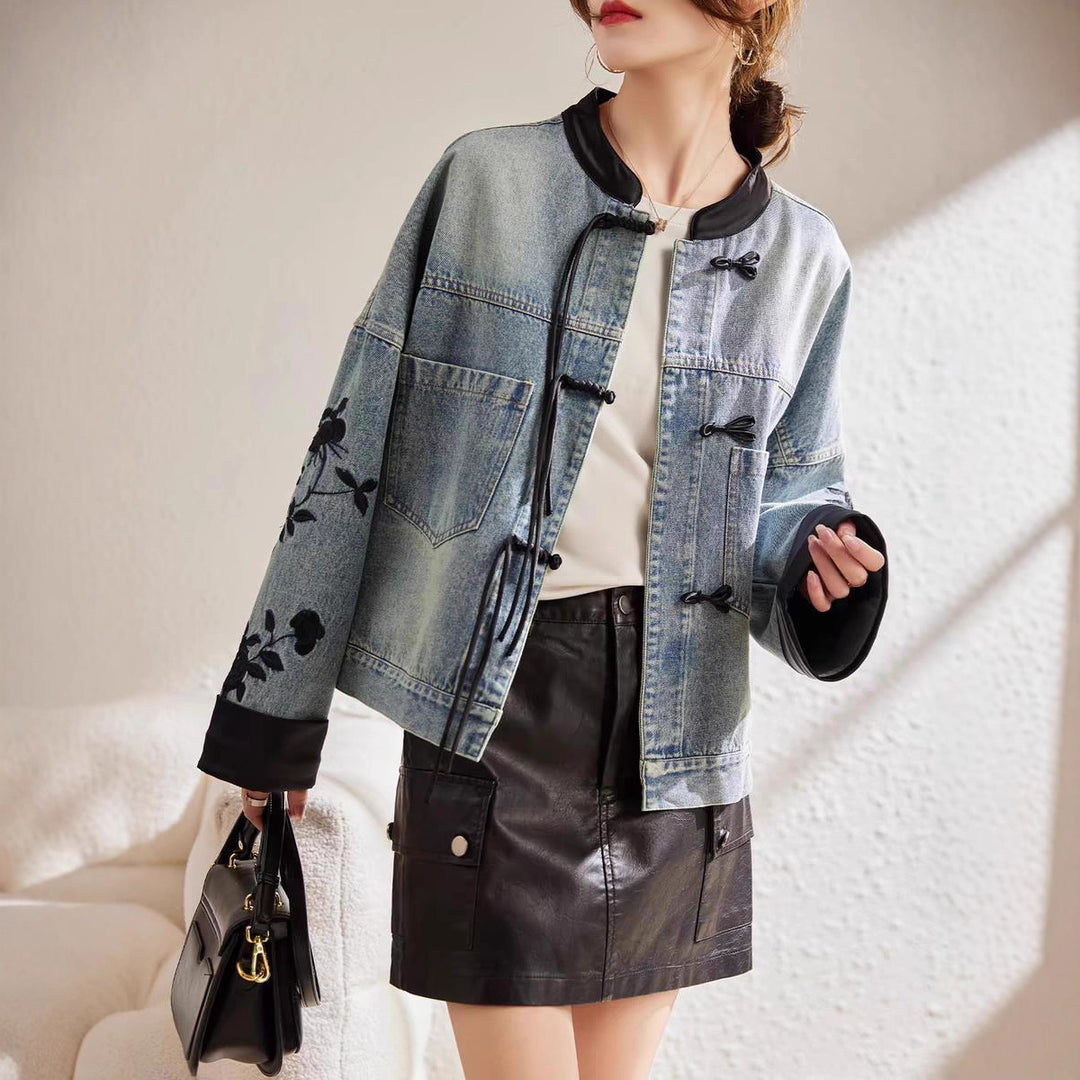 Damen modische Denimjacke mit floralen Stickereien und eleganten bündchen Drune