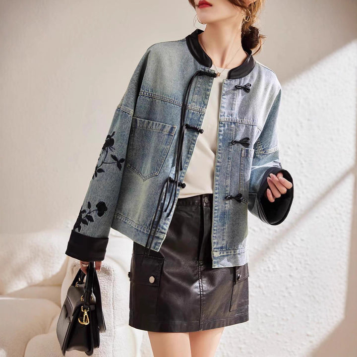 Damen modische Denimjacke mit floralen Stickereien und eleganten bündchen Drune