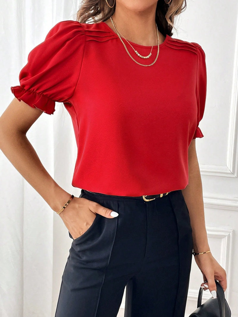 Drune Pure-Color-Rundhals-Shirt-Top mit Temperament
