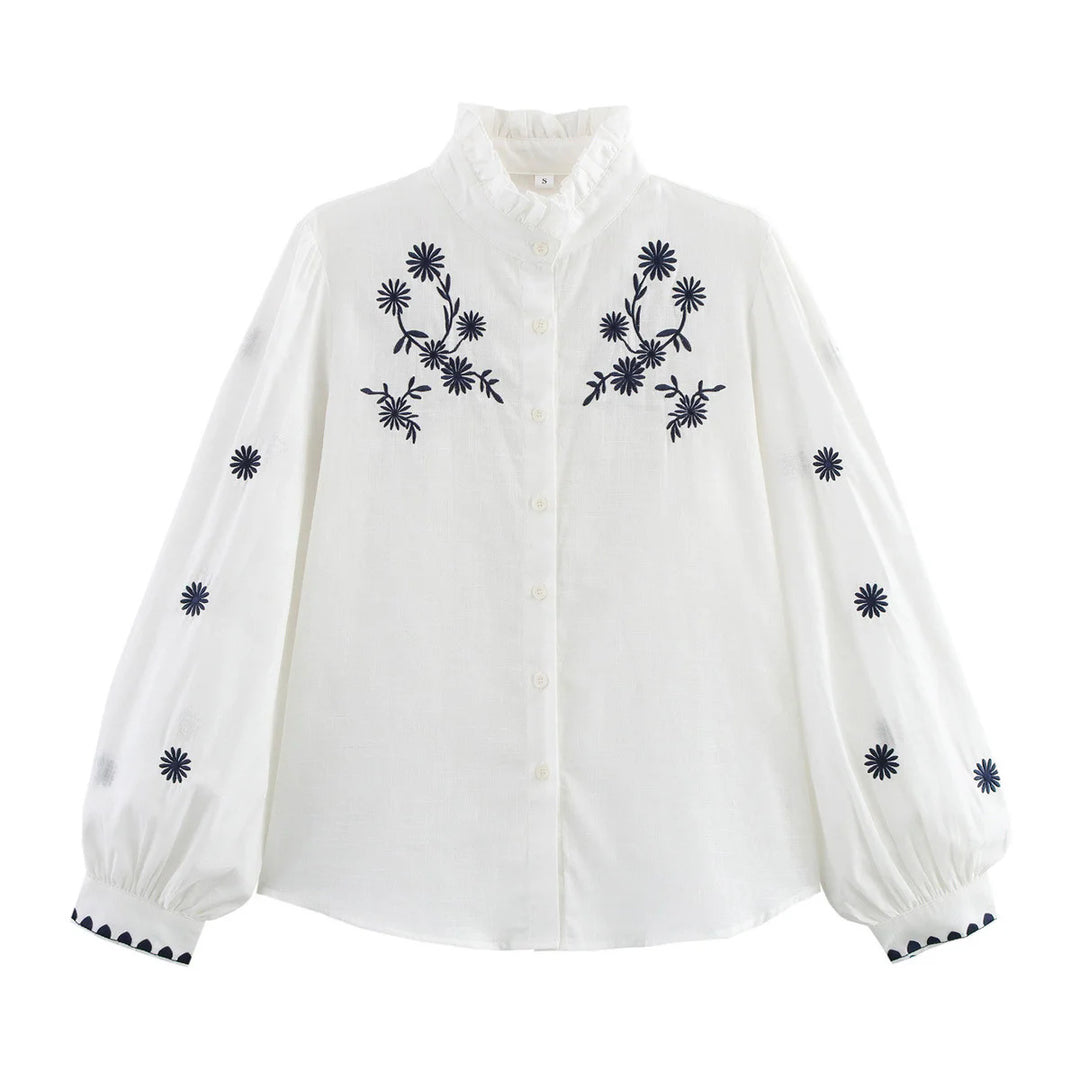Damen nan bestickte Bluse mit Volumenärmeln und Rüschenstehkragen Drune