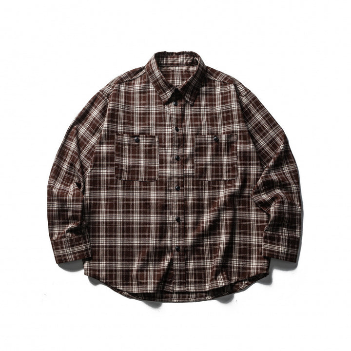 Herren Boxy-Flanell-Überhemd mit Karomuster, durchgehender Knopfleiste und gerundetem Saum Drune