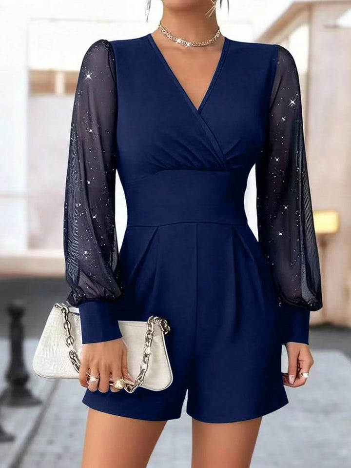 Damen eleganter Jumpsuit mit transparenten Puffärmeln und V-Ausschnitt Drune