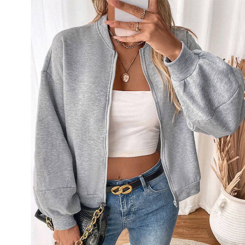 Damen Kurzgeschnittenes Bomber‑Sweatshirt mit Ballonärmeln und Reißverschluss Drune