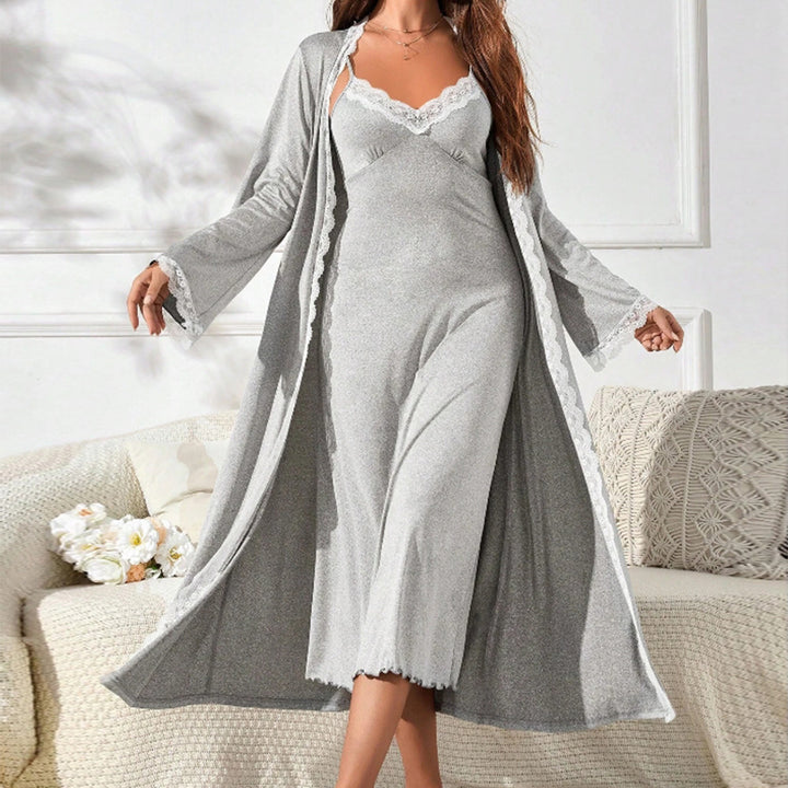 Damen luxuriöses Nachthemd mit elegantem Spitzenbesatz und langem Cardigan Drune