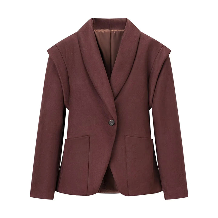 Damen nan eleganter Velours‑Optik Blazer mit tiefem Schalkragen Ein‑Knopf‑Verschluss und großen aufgesetzten Taschen Drune