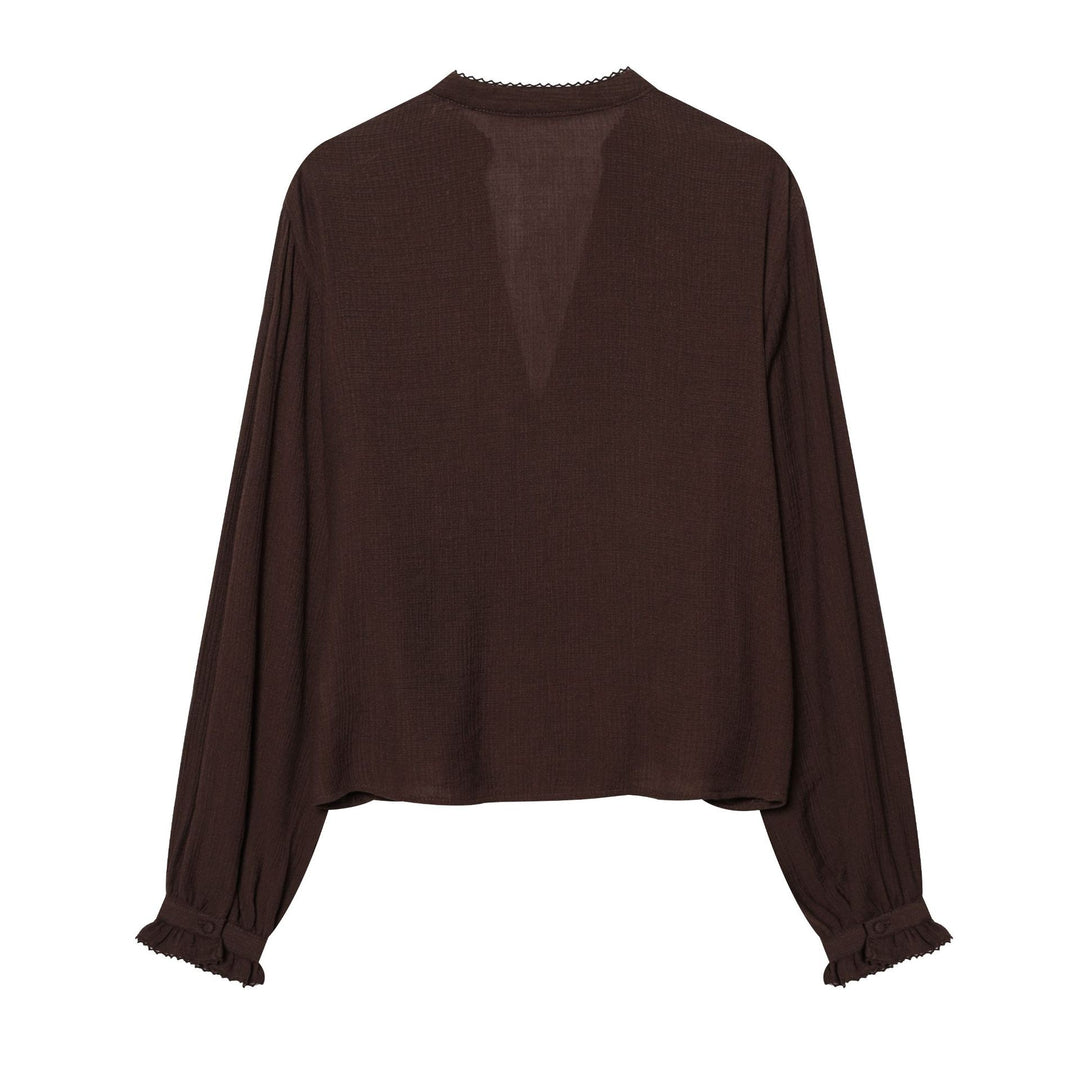 Damen nan leichte bestickte Baumwollbluse im Boho‑Stil mit Stehkragen, Zierknopfleiste und geraffter Empire‑Taille Drune
