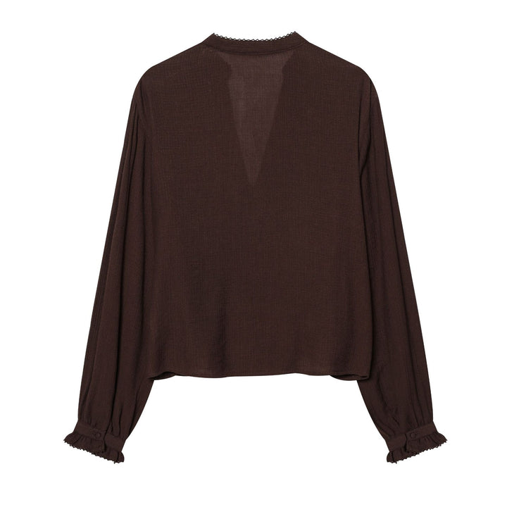 Damen nan leichte bestickte Baumwollbluse im Boho‑Stil mit Stehkragen, Zierknopfleiste und geraffter Empire‑Taille Drune
