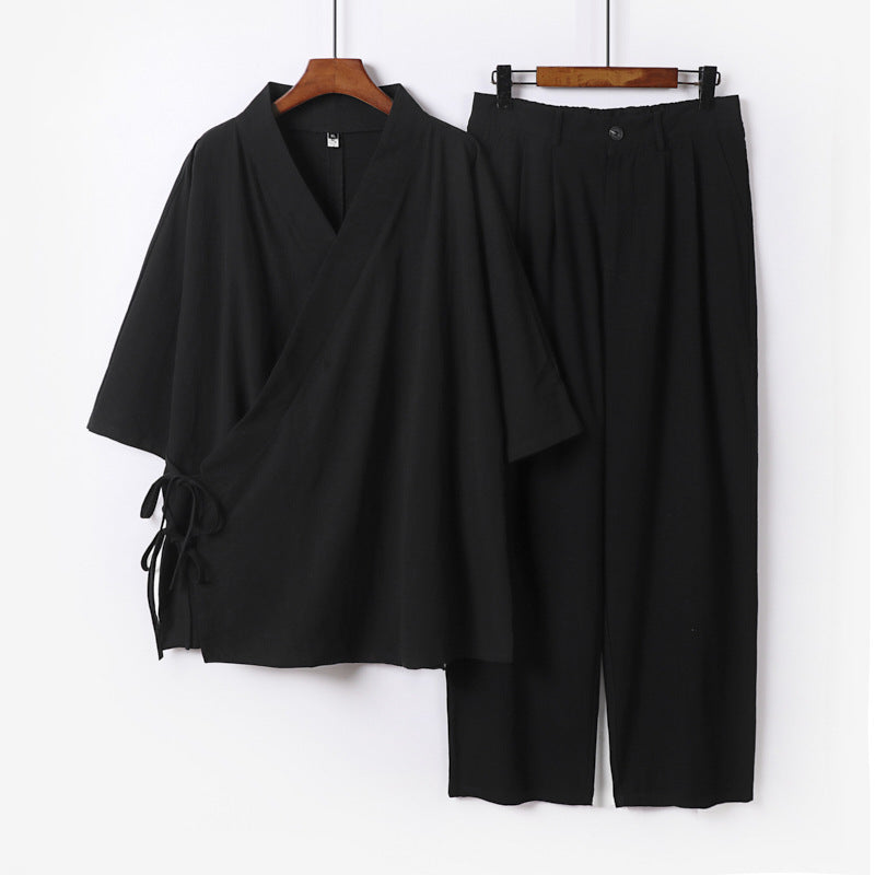 Unisex Kimono-Freizeit-Set mit Wickeloberteil und elastischer Bundhose Drune