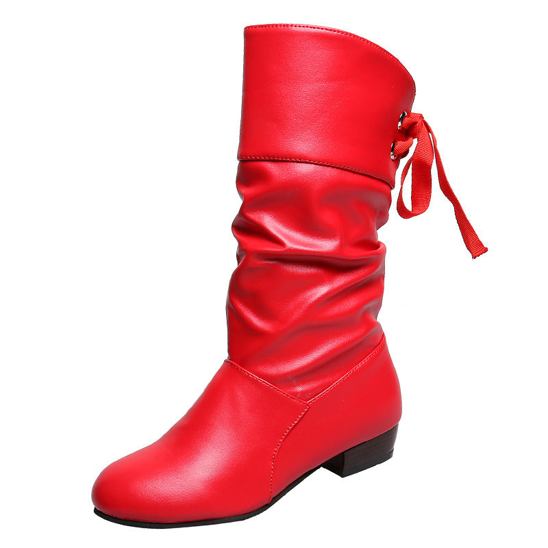 Damen  knielange Stiefel mit rückseitiger Schnürschleife, gerafftem Schaft und flachem Blockabsatz Drune