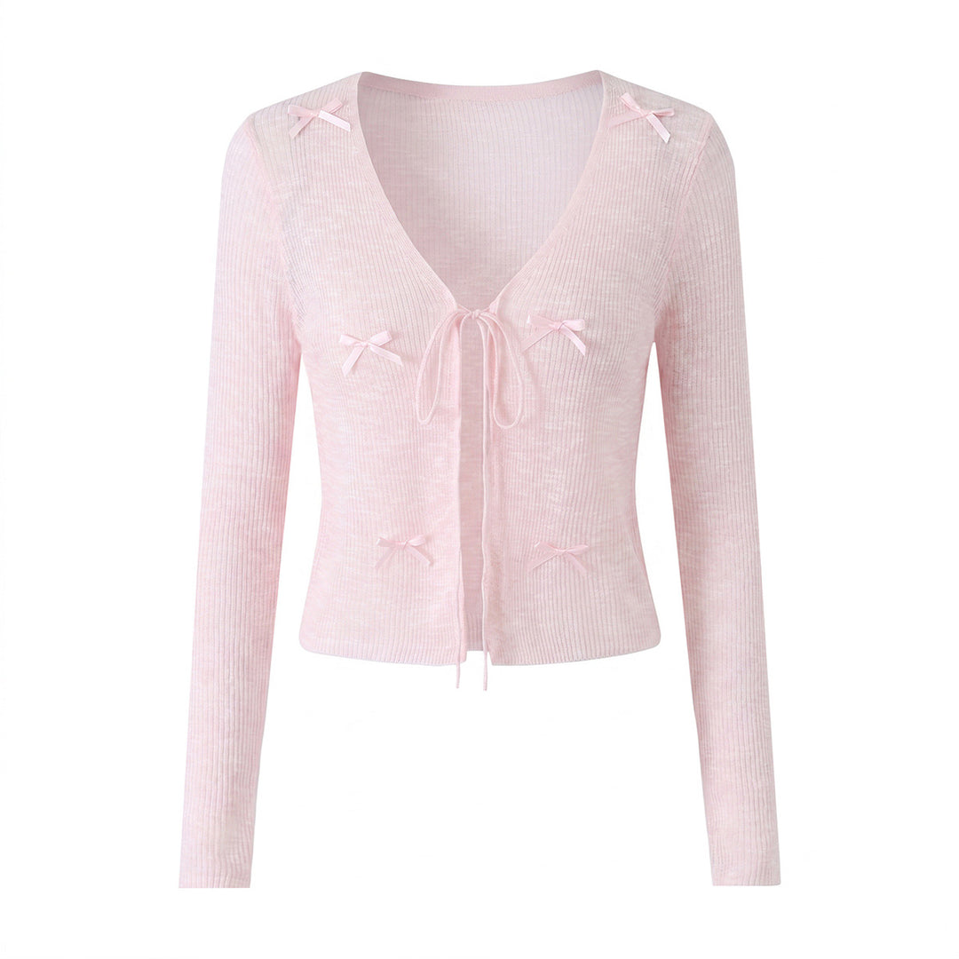 Damen Cropped-Feinstrick-Cardigan mit V-Ausschnitt, Bindeband und Zierschleifen Drune