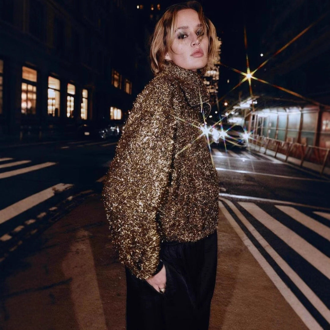 Damen Glitzernde Bouclé-Zipjacke mit weitem Kragen und cropped Boxy‑Schnitt Drune