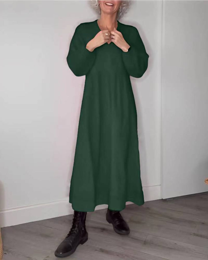 Damen Freizeit Viskose Maxi Kleid mit V-Ausschnitt, Taillennaht und Ballonärmeln Drune
