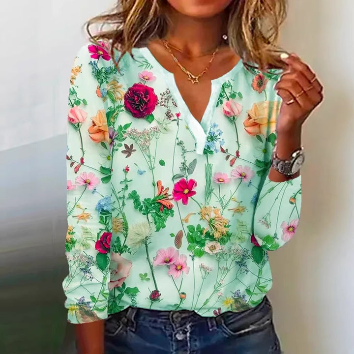 Damen Floral Lange Bluse im Chiffon-Look mit V-Schlitz und Lässiger Silhouette Drune