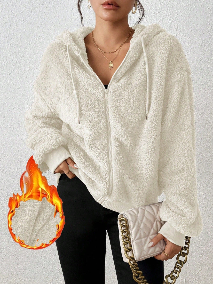 Damen Kuschelige Fleece-Jacke mit Känguru-Tasche und Kapuze Drune
