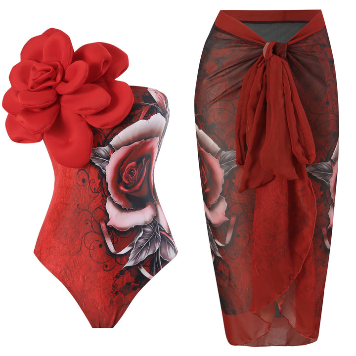 Damen Eleganter Badeanzug mit großem Blumen-Detail und transparentem Überrock Drune