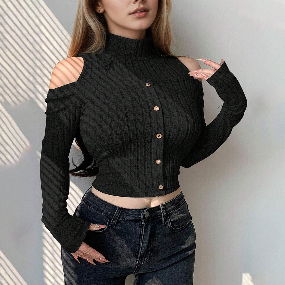 Damen cropped Langarm-Pullover mit schulterfreien Details und Knopfverschluss Drune