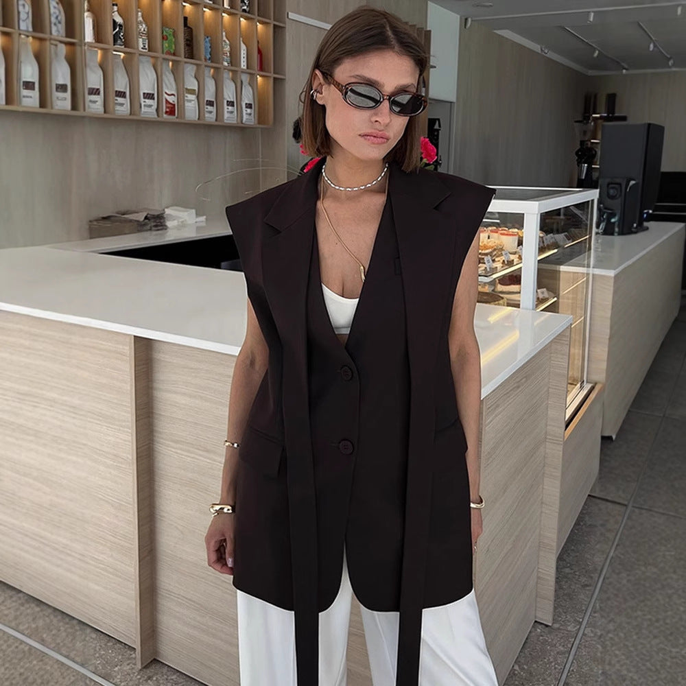 Damen Ärmellose Longblazer-Weste mit strukturierten Schultern und langen Bindebändern Drune