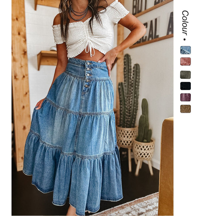 Damen Baumwollrock mit voluminösem Stufen-Design und modischem Knopfdetail Drune