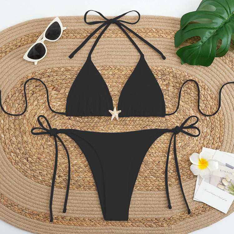 Damen Triangel-Bikini-Set mit verstellbaren Trägersystem und eleganter Dekoration Drune
