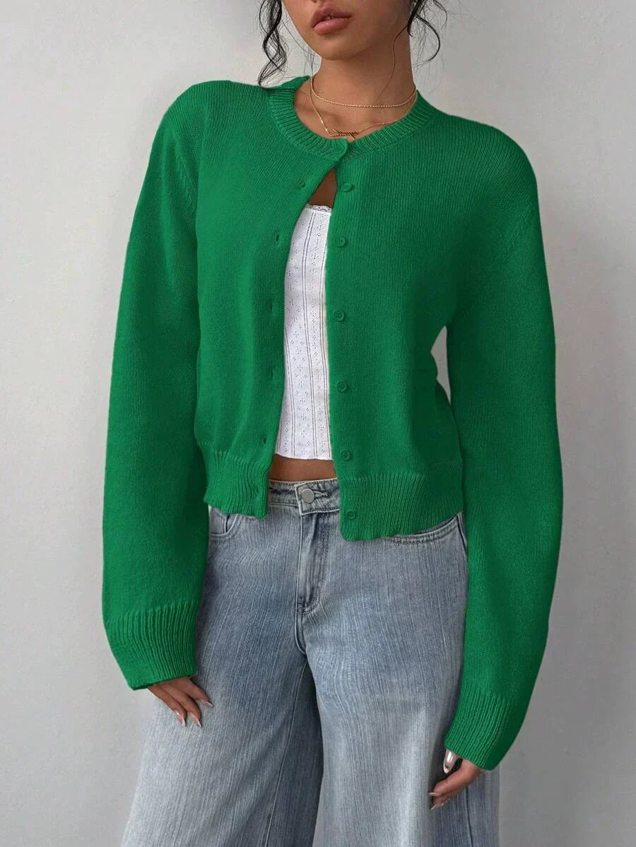 Drune | Strickjacke Pullover Weiche Strickware Cropped Fit Knopf Front Rippensaum