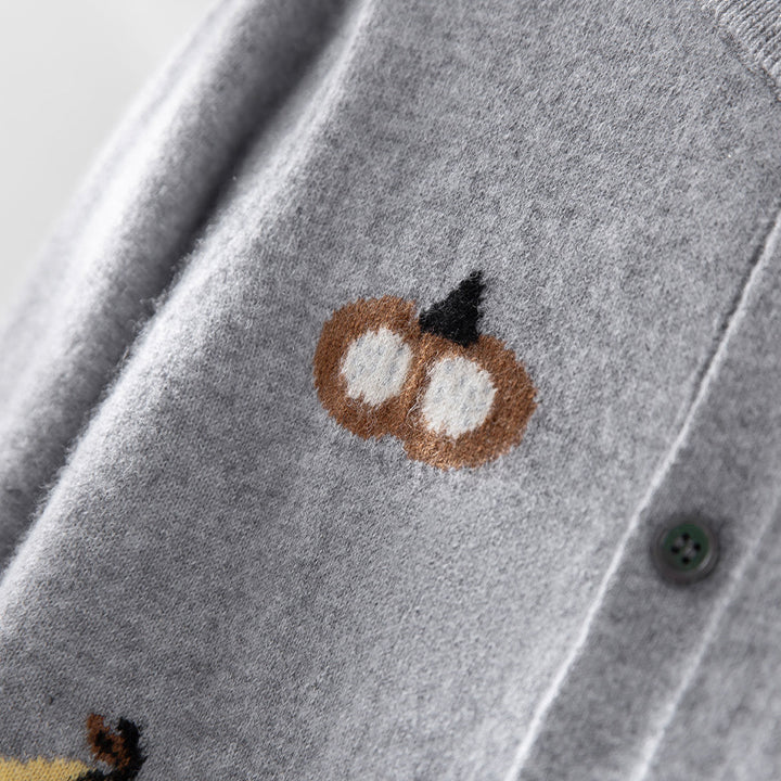 Damen Strickjacke mit Intarsia-Kürbismotiven, Rundhalsausschnitt und Knopfleiste Drune