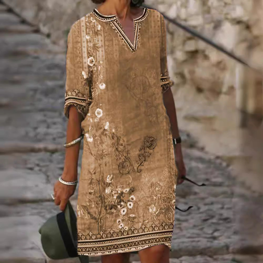 Damen Midi-Kleid im Boho-Leinen-Look mit V-Ausschnitt und Dreiviertelärmeln Drune