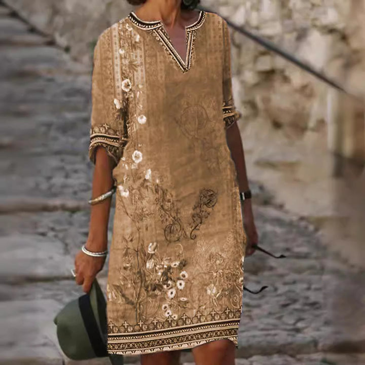 Damen Midi-Kleid im Boho-Leinen-Look mit V-Ausschnitt und Dreiviertelärmeln Drune